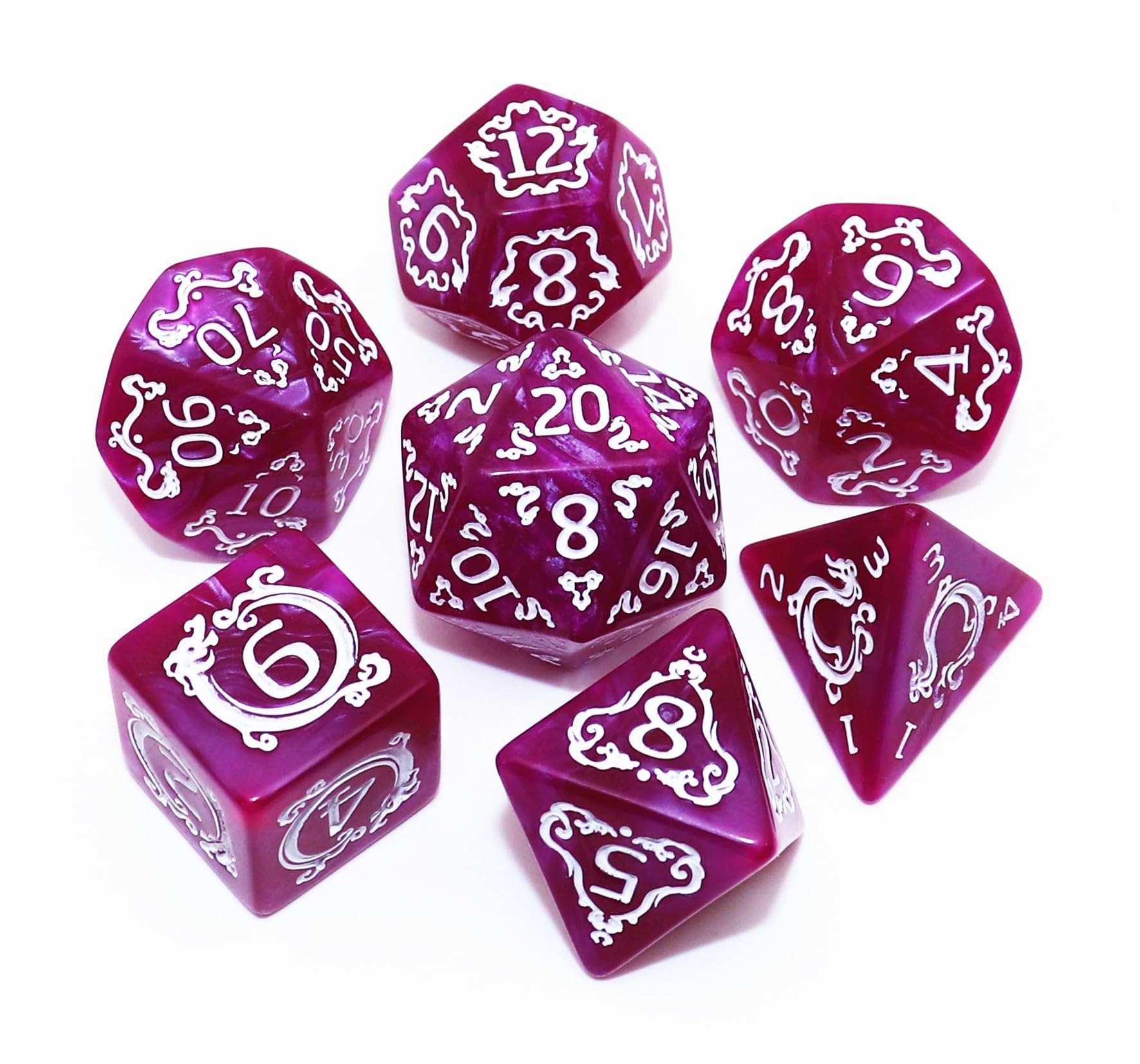 CREEBUY Polyhedral DND Dice Set, 7Pcs Vintage Dragon-Patterned Dice Sets Compatible with Dungeons and Dragons D&D RPG Games, 7 Pieces (Purple)