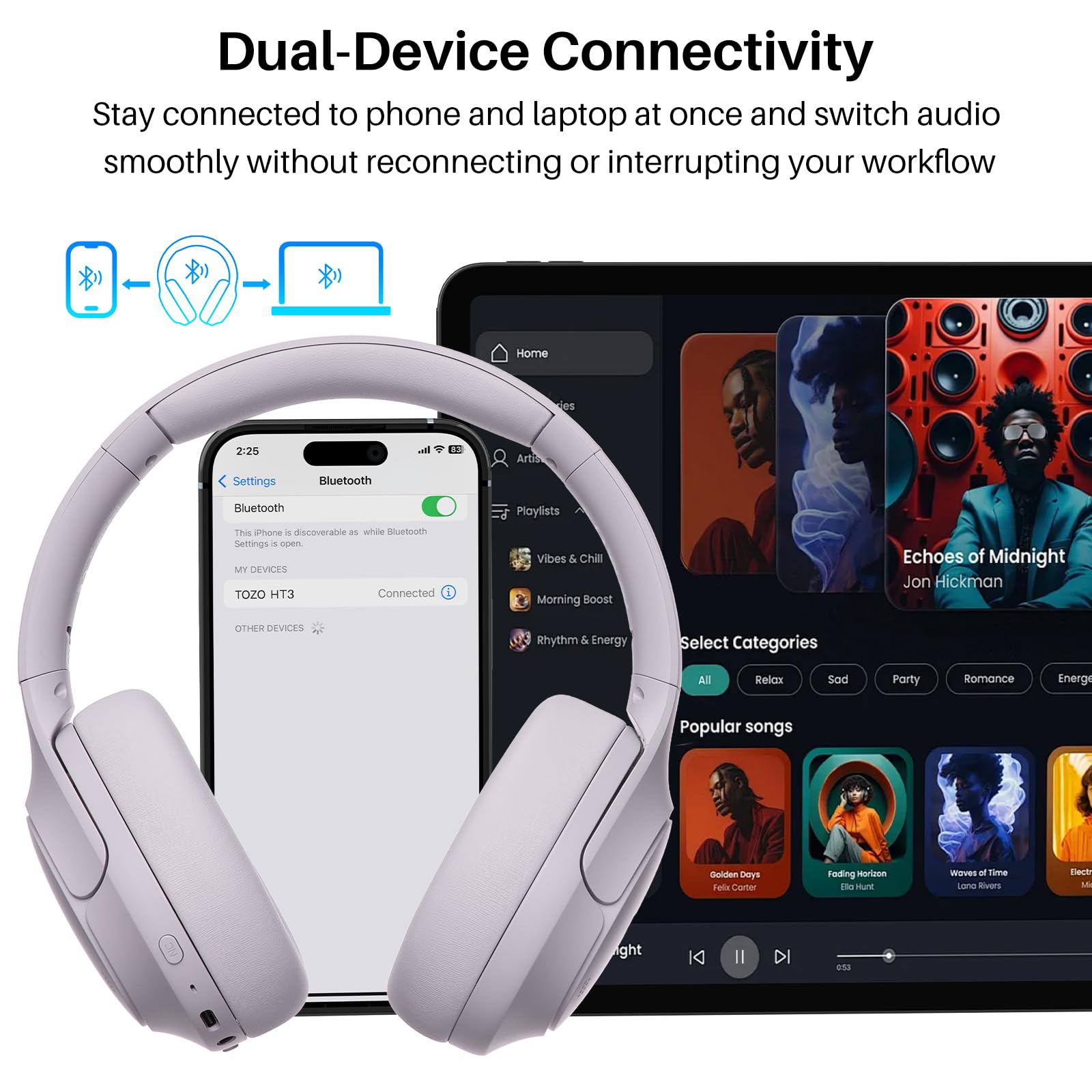 TOZO Hybrid Active Noise Cancelling Headphones, Wireless Over Ear Bluetooth Headset, 60H Playtime, Hi-Res Audio Custom EQ via App Deep Bass Comfort Fit Ear Cups, for Home Office Travel Purple view 8