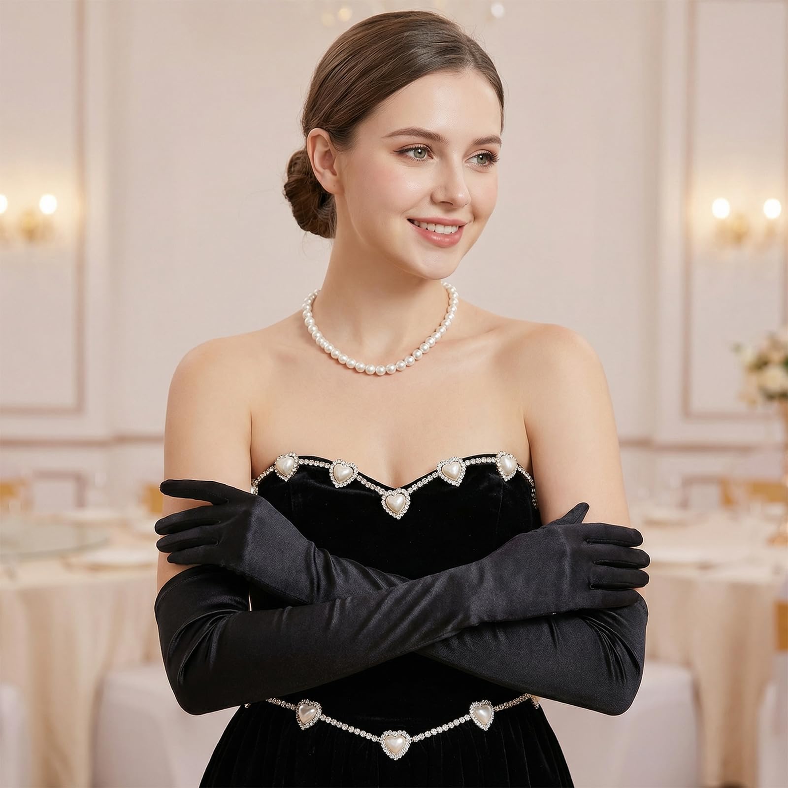 WLLHYF Damskie długie rękawiczki z satyny, czarne, eleganckie, jedwabne rękawiczki klasyczne, wieczorowe, z tkaniny, 20-calowe rękawiczki operowe, rękawiczki do tańca na Halloween, karnawał, maskarada