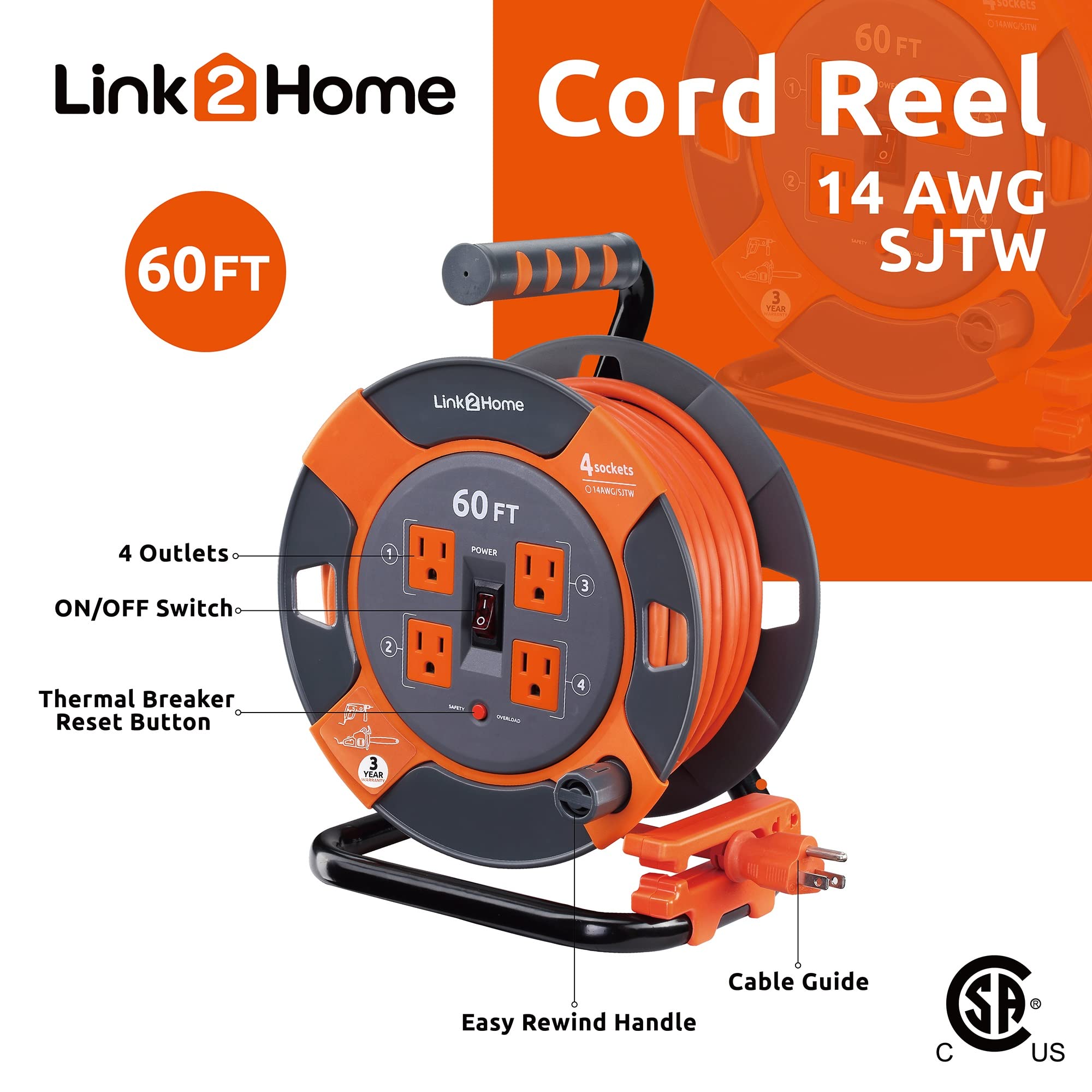 Link 2 Home Cable de extensión de carrete de cable 4 tomas de corriente - Cable SJTW de 14 AWG. Cable de alimentación resistente de alta visibilidad (60 pies)