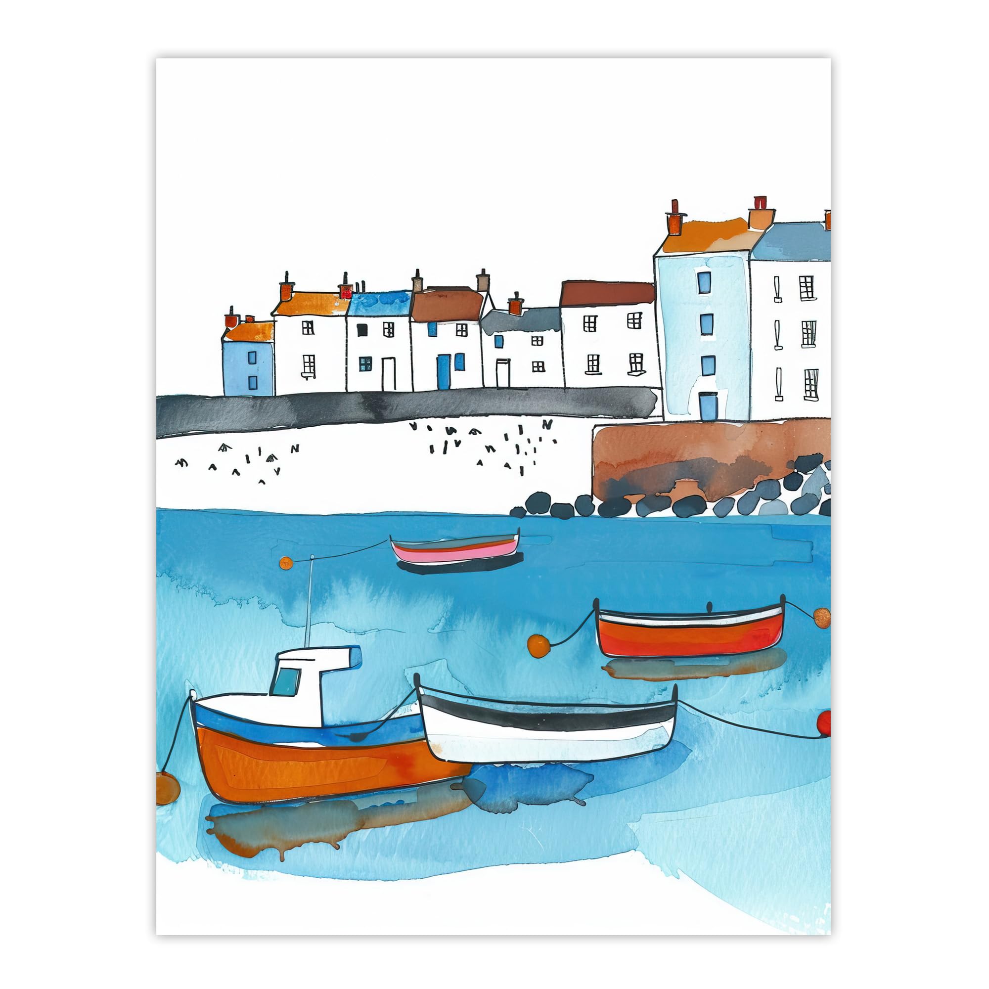 Artery8 St Ives Bay Boats Coastal Cityscape Watercolour Bathroom Toilet Extra Large XL Wall Art Poster Print