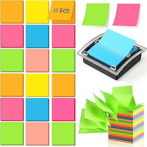 Juego de 24 notas adhesivas con dispensador, dispensador de notas desplegables, almohadillas de notas autoadhesivas, 3 x 3, notas adhesivas de color