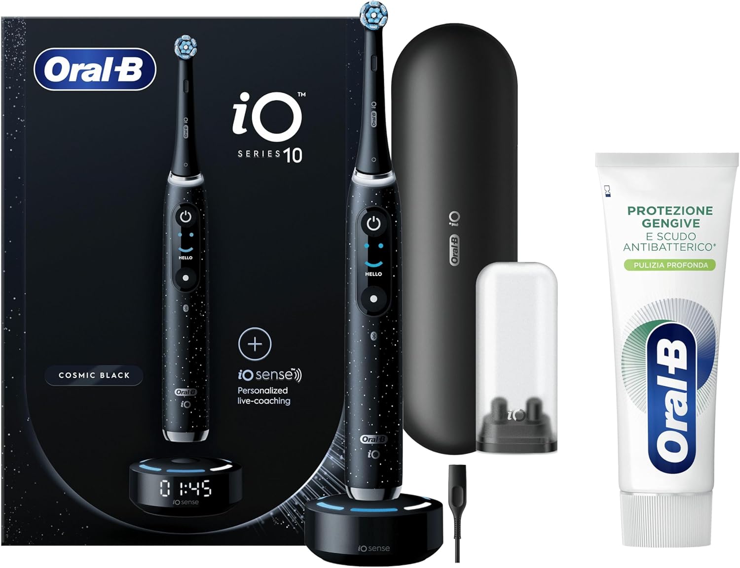 Oral-B iO Series 10 - Spazzolino Elettrico, 7 modalità di Pulizia per la Cura dei Denti, iOSense, Display a Colori, Custodia di Ricarica da Viaggio, Dentifricio incluso Black Handle + DENTIFRICIO - Immagine 1