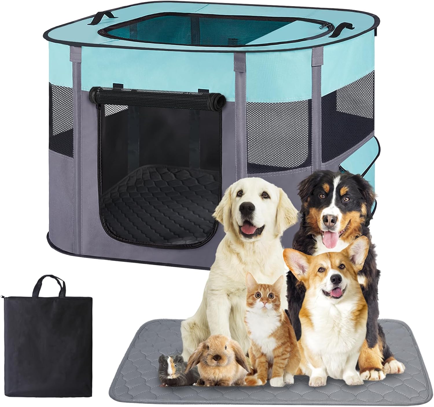 Large Dog Cat Playpen Crate with Waterproof Pad,Portable Collapsible Pet Dog Cat Kennel Cage Tent,Suitable for Indoor Outdoor Travel Camping,Water-Resistant Breathable Shade Cover (Green L) Green Large(44*34*25)