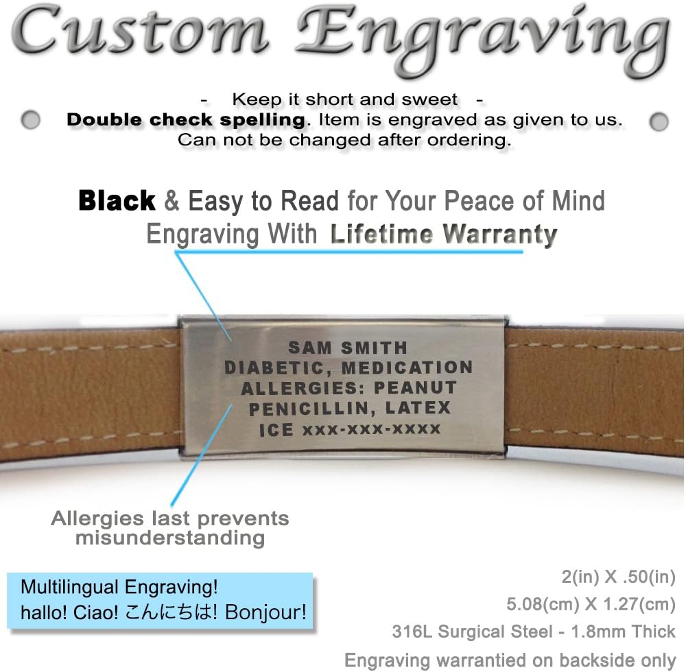 Genuine Leather Medical Alert Bracelet with Engraving
