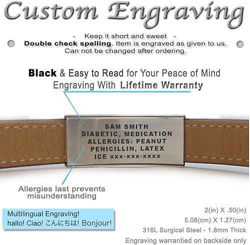 Miniatura 2 de Pulsera de alerta médica de cuero genuino con grabado
