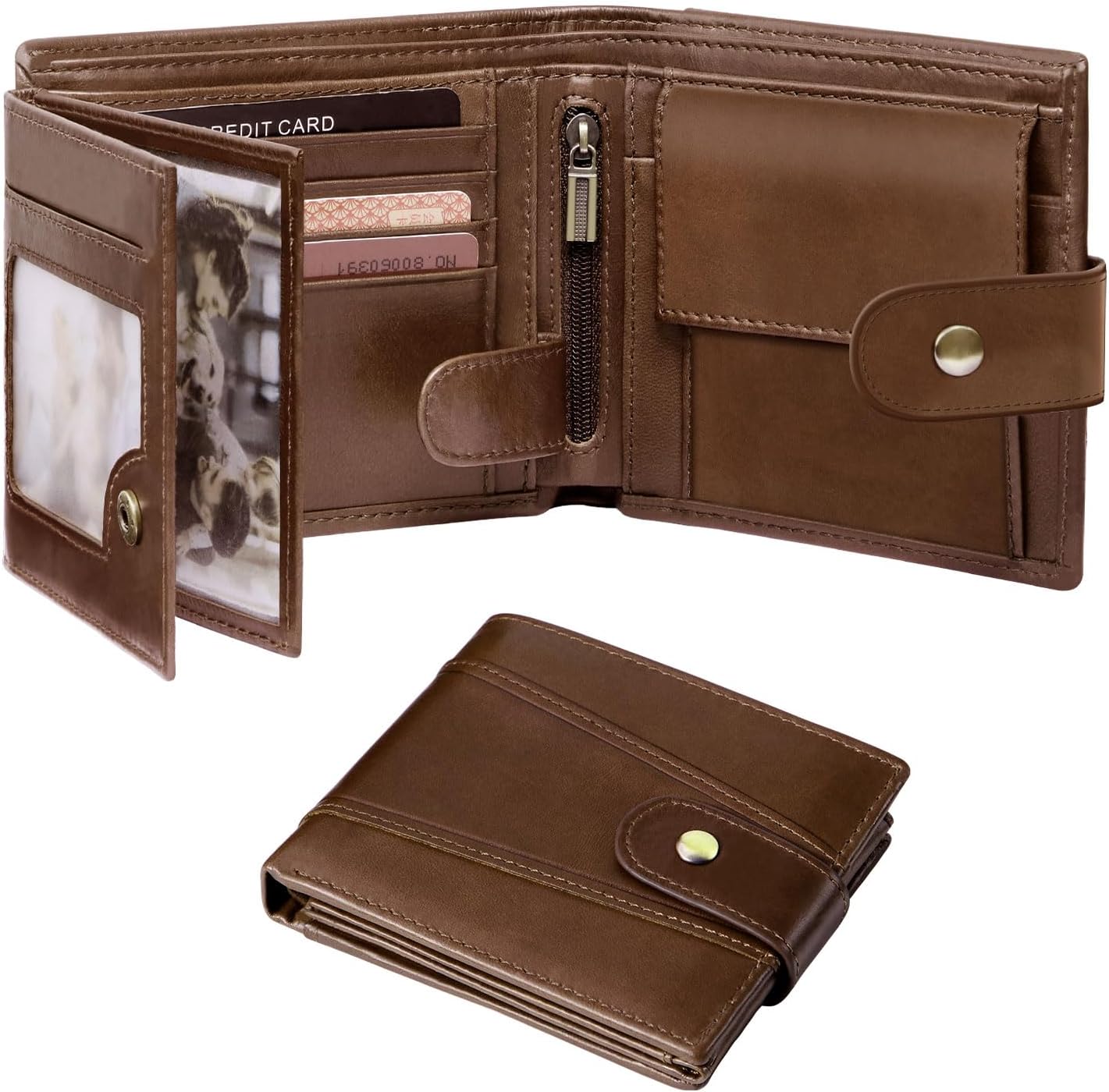 Men's Wallets Cowhide Leather Multi-Functional RFID Blocking Wallet with 17 Credit Card Slots, 2 Banknote Compartments, 2 ID Windows, 1 Coin Pocket Dark Brown