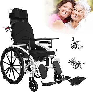 Bueuwe Lightweight Transport Wheelchair, Foldable and Fully tiltable Scooter for The Disabled, 18-inch seat, Hand-Push Sports Recliner with Detachable footrests, 8*24-inch Wheels, with Toilet