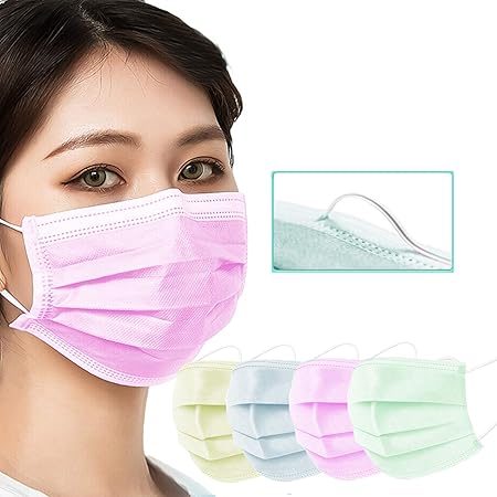 Loxxo 3 Ply Disposable Face Masks (Pack of 100-25 Each Color) Export Quality Non Woven Fabric Mask With 4 Layer Protection and Comfortable Nose Clip/Pin (Yellow, Blue, Green, Pink)