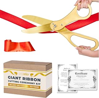 Crutello Ribbon Cutting Ceremony Kit - 21" Giant Gold Scissors, Red Ribbon