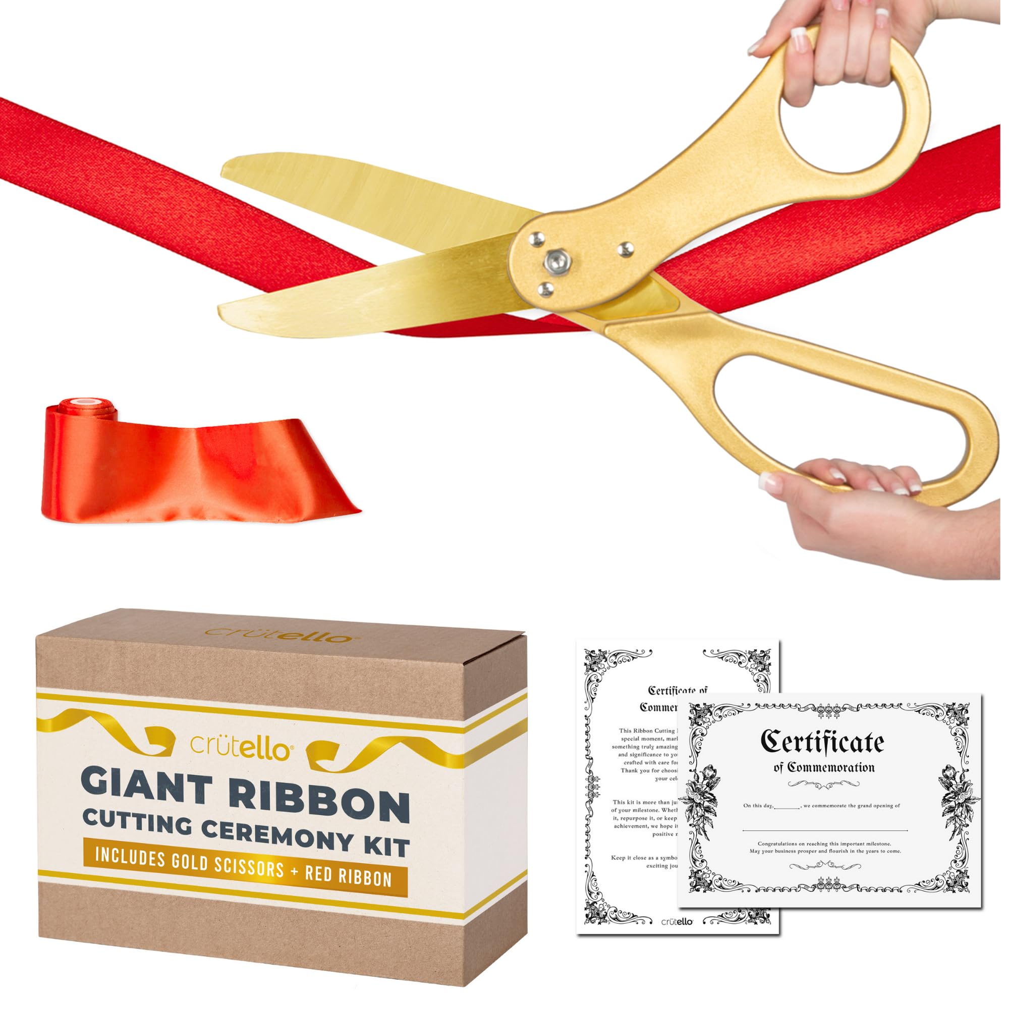 Crutello Ribbon Cutting Ceremony Kit - 21" Giant Gold Scissors, Red Ribbon