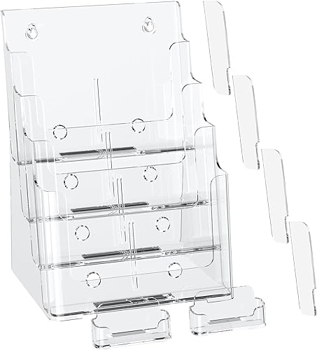 zavekia Soporte acrílico para folletos de 4 niveles de 8.5 x 11 pulgadas, soporte organizador de literatura transparente con 4 divisores separados
