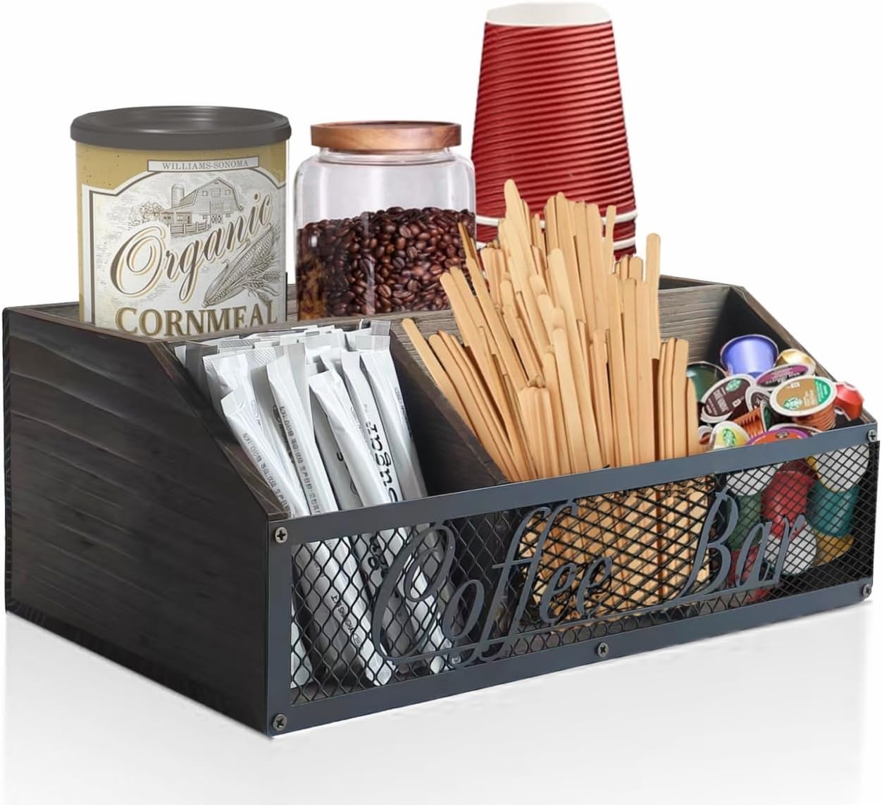 Coffee Station Organizer, Rustic Countertop Coffee Bar Accessories, 4 Compartments for Pods, Syrup, Stirrer, Tea Bags - Coffee Condiment Station Storage for Home and Office - Black