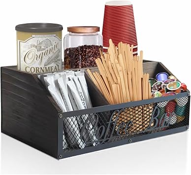 Coffee Station Organizer - Rustic Wood Coffee Bar Accessories Organizer, FarmhouseCoffee Condiment Storage Basket for K Cups, Pods, Tea Bags, Cups, and Sugar, Brown