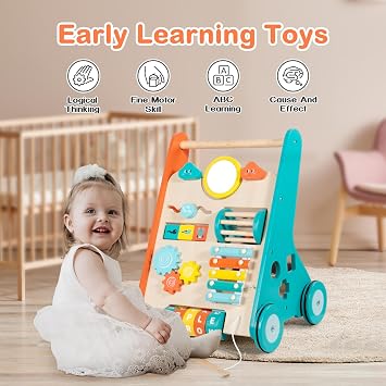 LOL-FUN Push Walker for Baby 12 Months Wooden Toy with Wheels-Orange/Blue