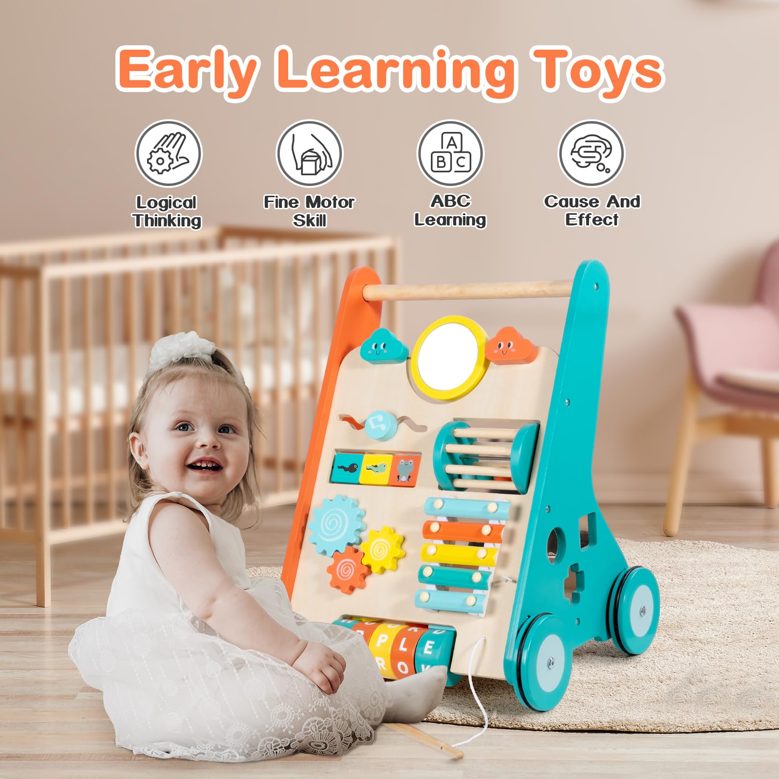 Wooden Baby Walker with Wheels, Walker for Baby Boys 6-12 Months Push Toy, Sit to Stand Activity Walker Learning to Walk