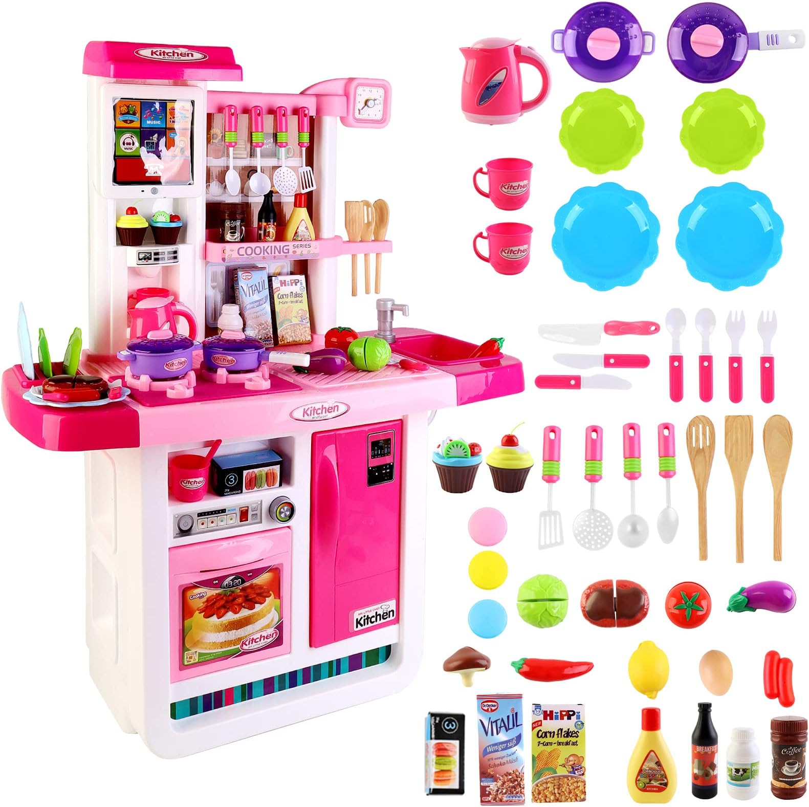 deAO My Little Chef Kitchen Playset Role Playing Game with Touchscreen Panel, Water Features and 50 Accessories Included (Pink)
