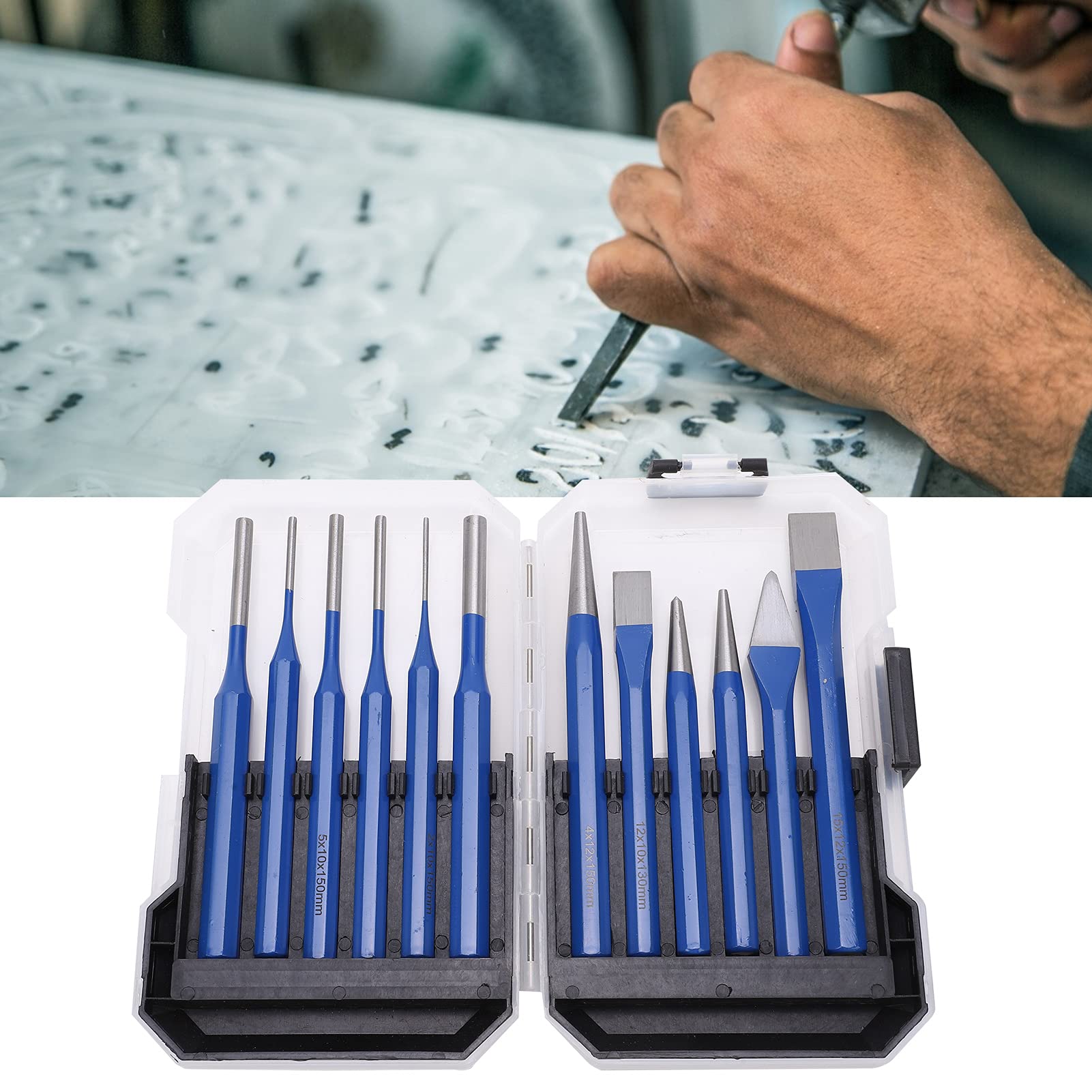 Fafeicy Kit de Punch à Burin de 12 Pcs CRV Tools de Gravure en Acier avec Poignée Bleue pour la Sculpture en Bois en Métal