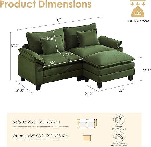 Miniatura 2 de URRED - Sofá seccional modular Cloud, sofá moderno en forma de L de 87" con asiento profundo con otomana y almohadas, ultra cómodos sofás de pana
