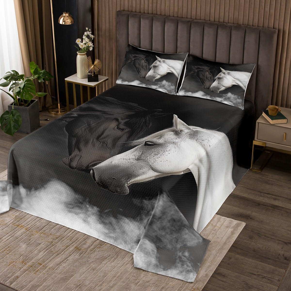 Erosebridal Black and White Twin Quilt Set Horse Couple Coverlet Set for Boys Girls, Wild Animal Theme Bedding Set Valentine's Day Bedspread Set, Wedding Anniversary Bed Quilt