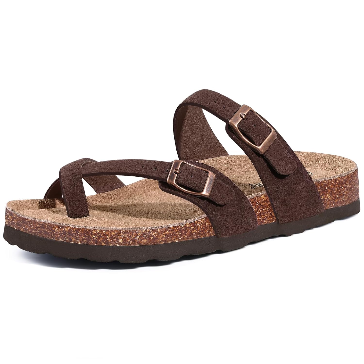 Litfun Womens Genuine Suede Cork Footbed Sandals Comfortable Summer Slides with Adjustable Buckle