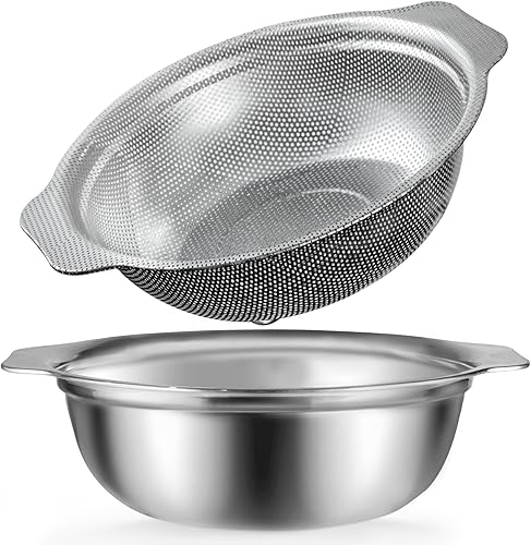 Colador de acero inoxidable, gran capacidad de 4.5 cuartos de galón con tazón para mezclar, cuenco de lavado de arroz con colador para lavar