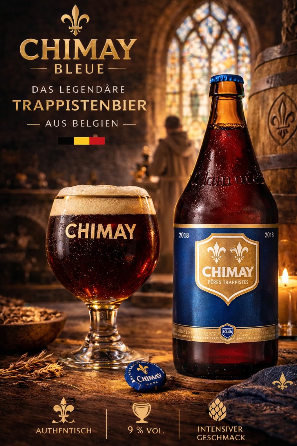 Chimay Bleue Trappistenbier 9% Vol. – Belgisches Starkbier aus Klosterbrauerei – Dunkles Bier mit Frucht & Karamellnoten – Original Trappist Ale – 6 x 0,33 l Flaschen