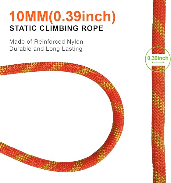 HUYEZybflt Corde d'escalade 30m Corde Statique Haute Résistance 10mm Conforme à La Certification UIAA Adaptée aux Canots de Sauvetage Activités Extérieures et Alpinisme Orange Réfléchissante - 2