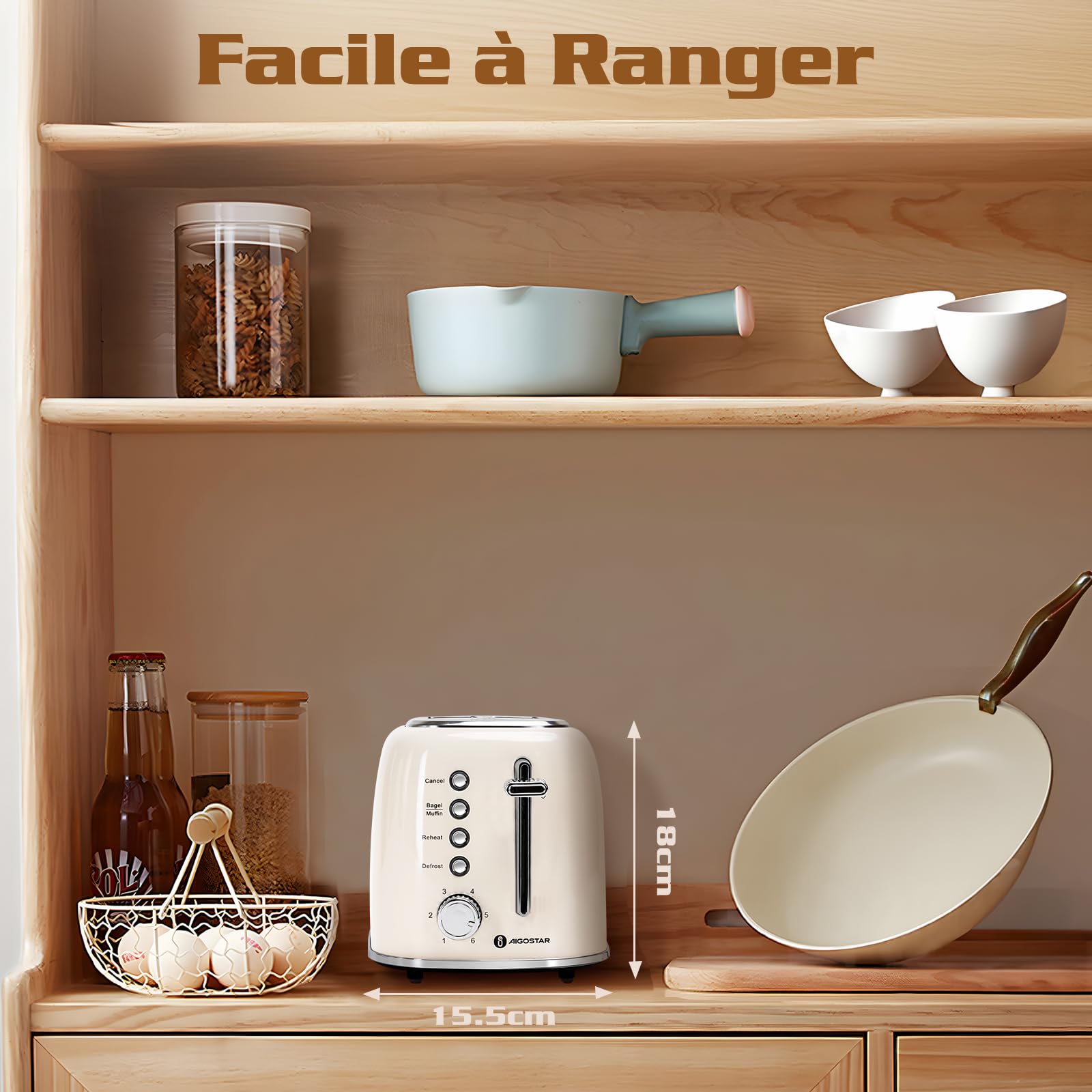 Aigostar Grille Pain, 2 Fentes Extra-Larges, Vintage Inox Crème, 6 Niveaux de Dorage, Fonction Bagel/Décongélation/Réchauffage/Annulation, Tiroir Ramasse-Miettes Amovible, 800W. Cream