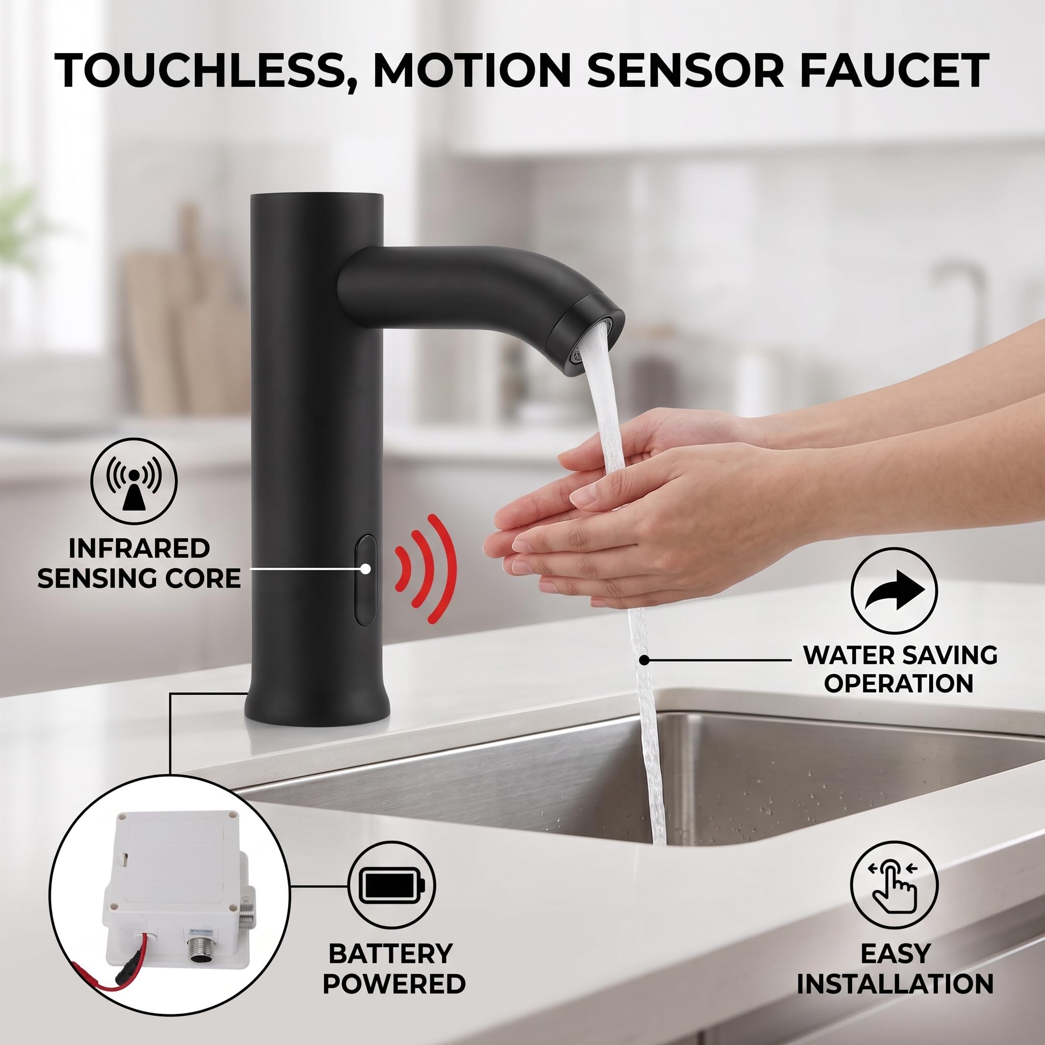Robinet Capteur Mouvement Automatique Acier Inoxydable Noir Infrarouge Alimentation Pile pour Cuisine Salle de Bain Lavabo Mains Libres