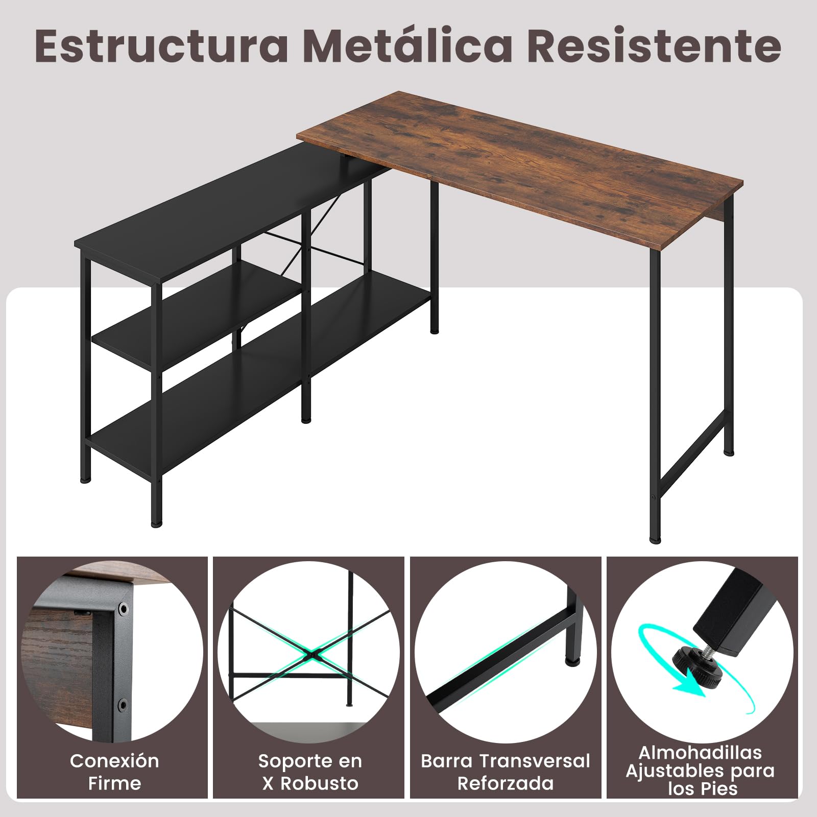 GYMAX Escritorio en Forma de L, Escritorio de Esquina con Amplia Superficie de Trabajo, Dos Estantes y Estructura Metálica, Altura Ajustable, Instalación Reversible, Mesa para Ordenador
