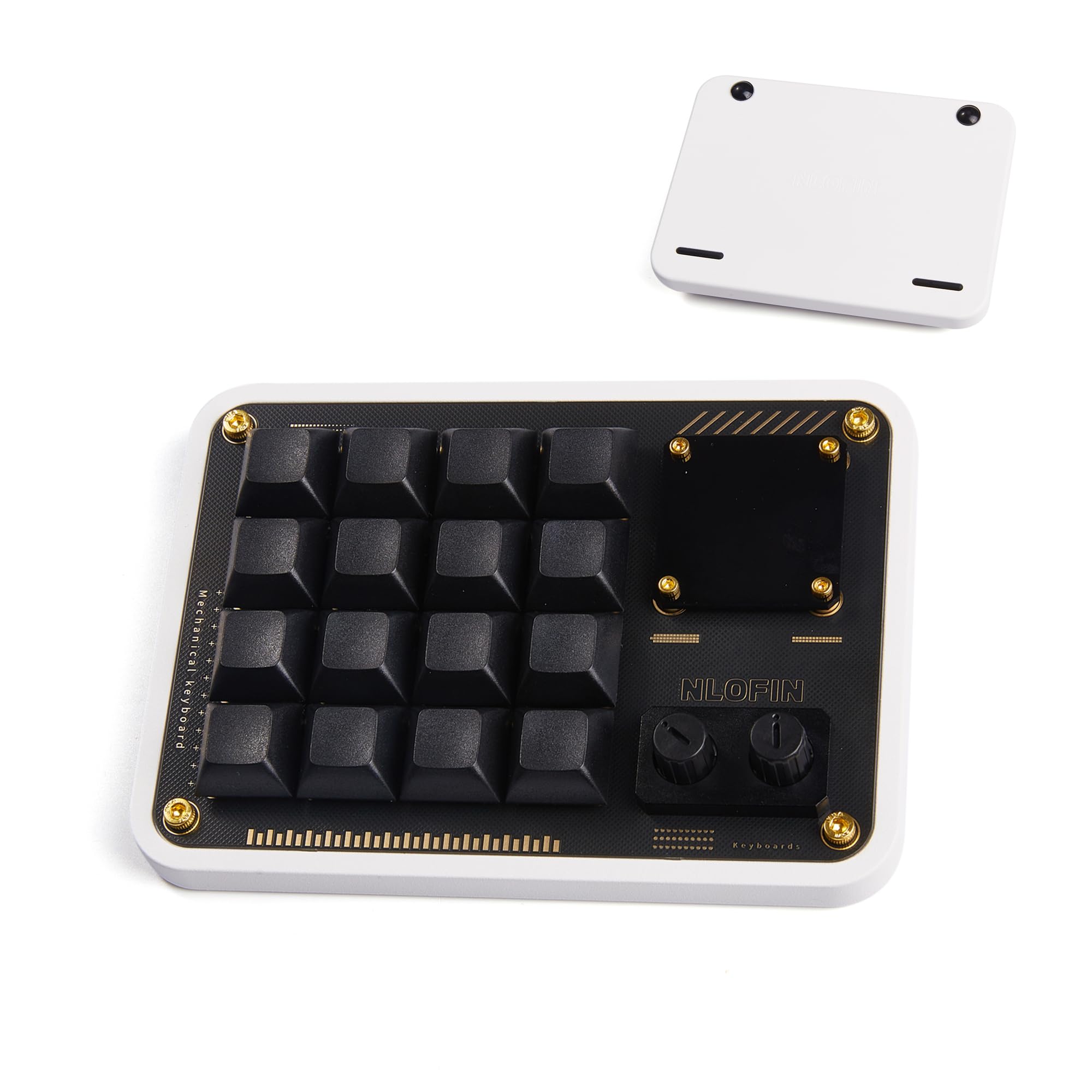NLOFIN Double Knob Custom Macro Pad Programmable Designer Mini Keyboard 16 Keys with Screen (White, KB16)