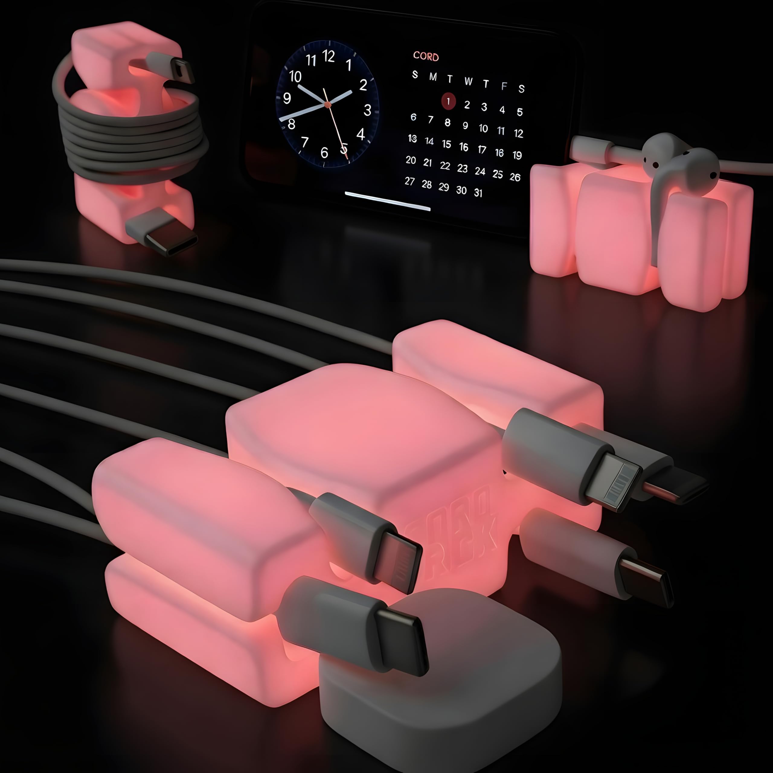 CordBrick 4PK Glowing Silicone + Steel Weighted Cable Holders for Nighstands, Cord Wraps for Travel, Unique iPhone Accessories. Small Graduation Gift for High Schoolers. Gadget for Teens. Pink Glow