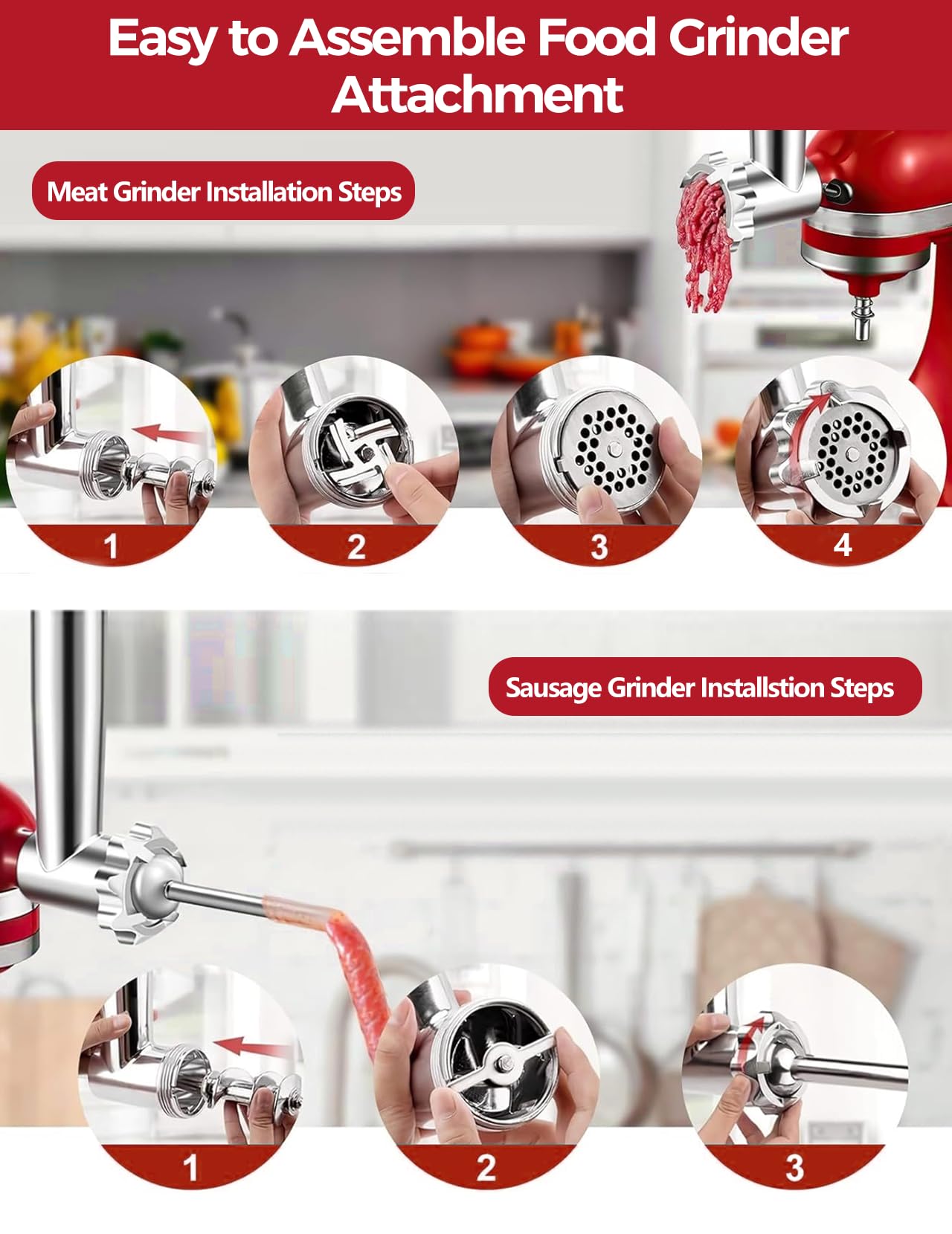 Nasadka do Mielenia Mięsa do KitchenAid Robota Kuchennego | Nasadka do Mielenia Mięsa ze Stali Nierdzewnej Zawiera Nadziewarkę do Kiełbas, Szczotkę do Czyszczenia