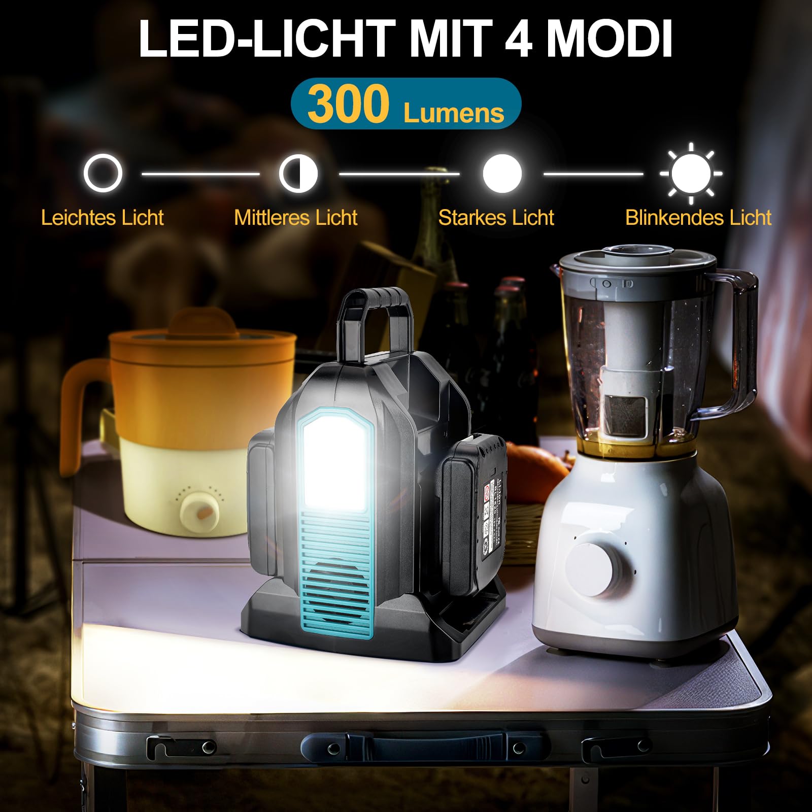 350w Wechselrichter für Makita 18v Akku, DC 18V auf AC 230V Reiner Sinus Spannungswandler, 2 Ports Stromwandler mit USB-A & USB-C Anschluss, 300LM LED Licht für Camping Notfall