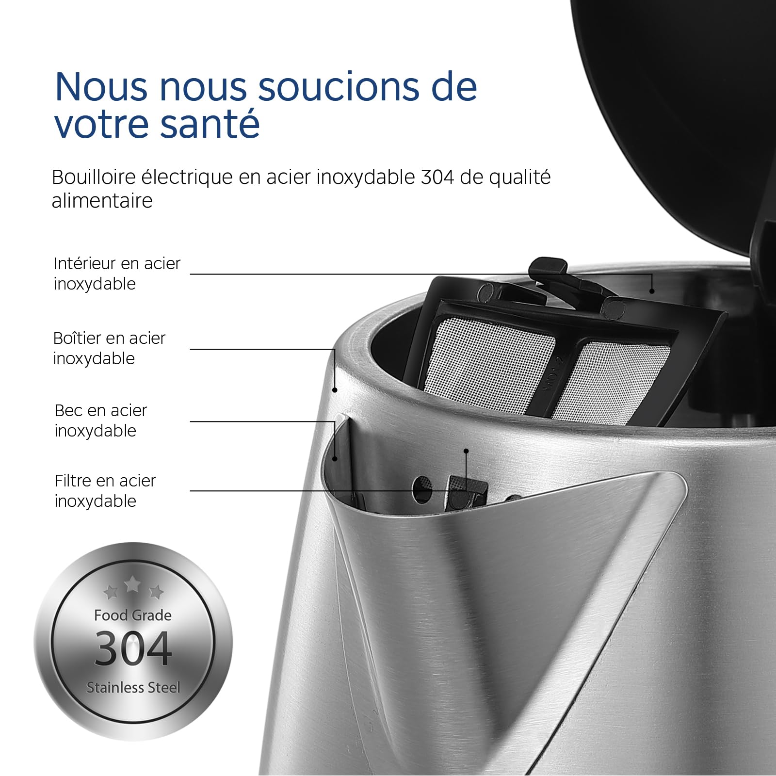 Midea Bouilloire Acier Inoxydable 1,7L 2200W MK-17S30A2 Sans BPA Chauffage Rapide