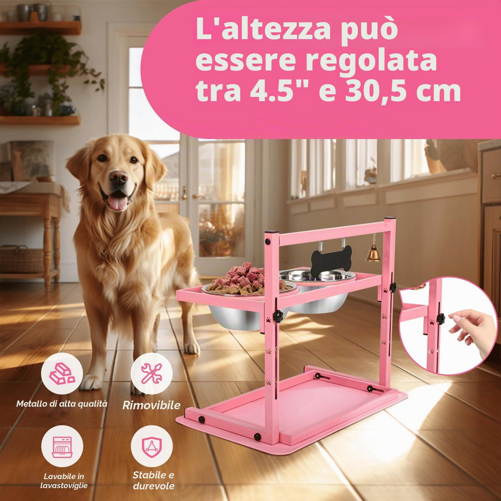 Supporto rialzato rosa per ciotole e cani con alimentatori lenti e tappetino anti-spill, mangiatoia regolabile per cani, 2 ciotole in acciaio inossidabile da 1700 ml