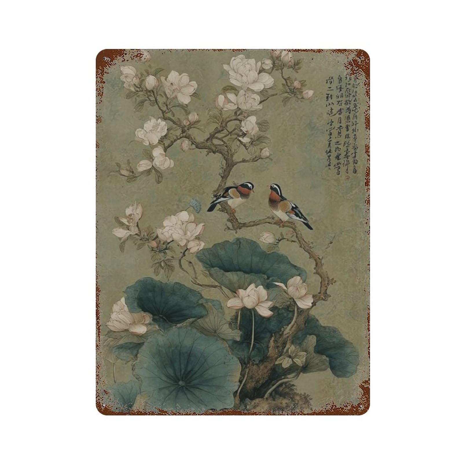 xiaoxiaoshen Botanical Bird Magnolia Blossom And Sow Traditional Asian Style Wall Decor Art Metal Tin Poster Modern Home Decor Art Home Bar Shop Decorations Vintage Sign 40x30cm