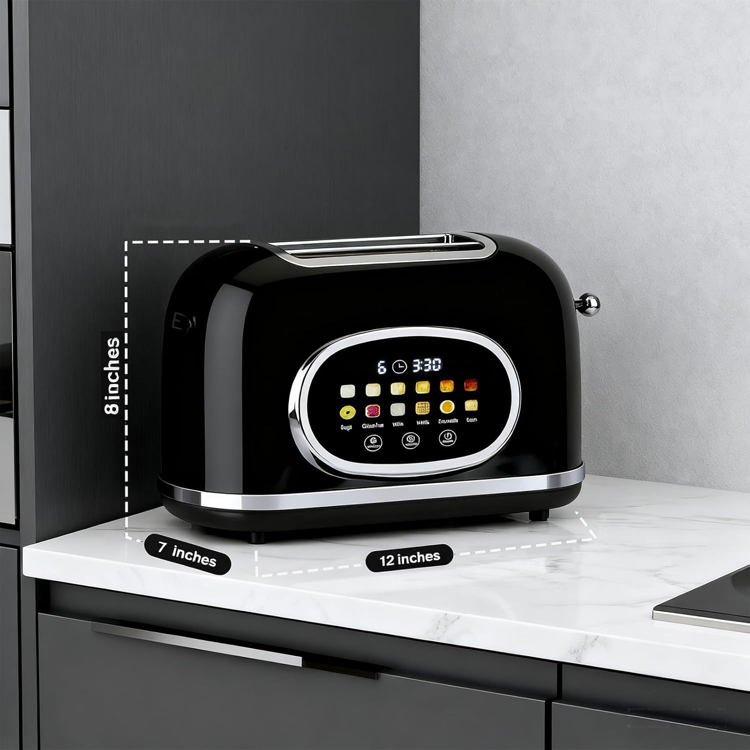 Roter Mond 2 Slice Toaster Smart Touch Screen, Retro Stainless Steel Bread Toaster with Digital Timer, Sleep Mode, Bagel, Cancel, and Defrost Functions, 6 Bread Types and Shade Settings, Black