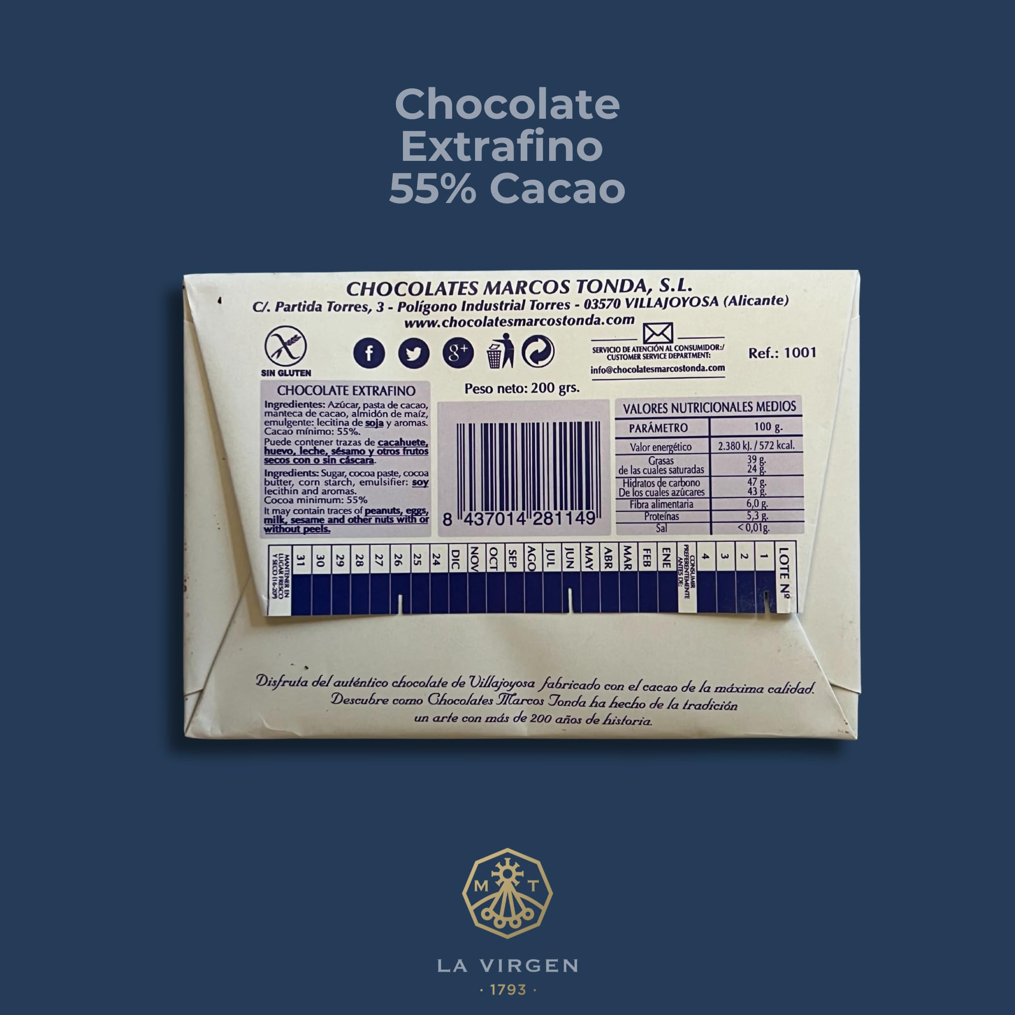 Chocolate Marcos Tonda – Pack 5 uds | Chocolate Puro 55% | Chocolate Negro Extrafino 200g x 5 | Chocolates Originales Para Regalar | Desde 1793