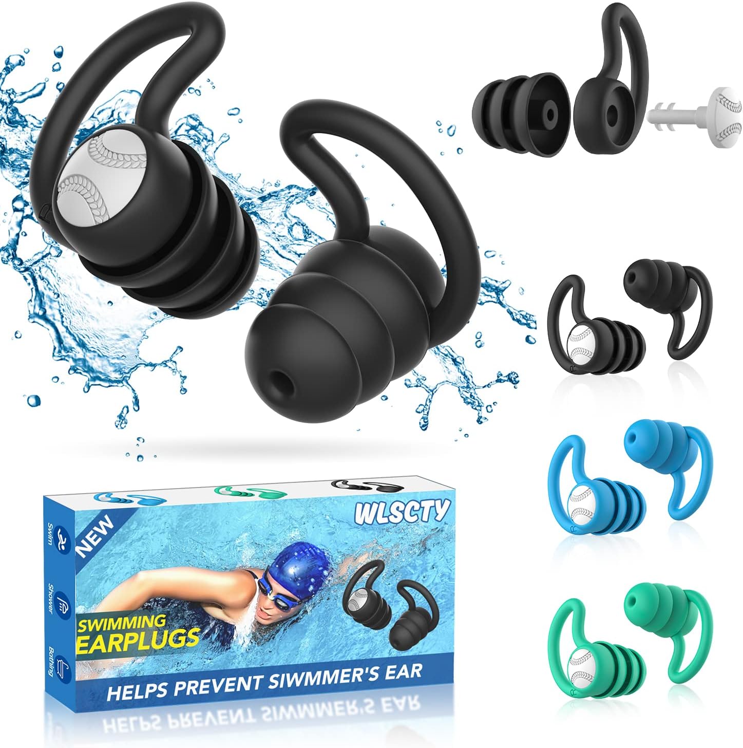Waterproof Swimming Ear Plugs for Adults - 3 Pairs Silicone Swim Earplugs for Surfing,Diving,Showering and Other Water Sports - Keep Water Out and Ear Protection.