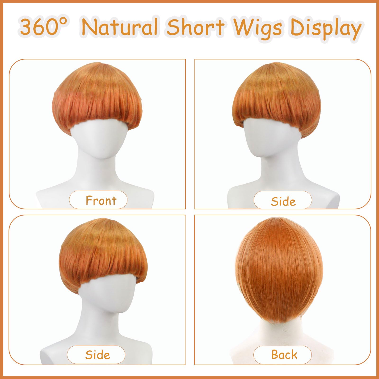 FOUNSHO Short Ginger Bowl Cut Wig with Band for Men Women Adults Short Mushroom Wig Funny Ugly Nerd Hairs Bob Men's 60s 70s 80s Cosplay Costume Fancy Dress Party Crazy Hair Day Halloween (Orange) - Image 3