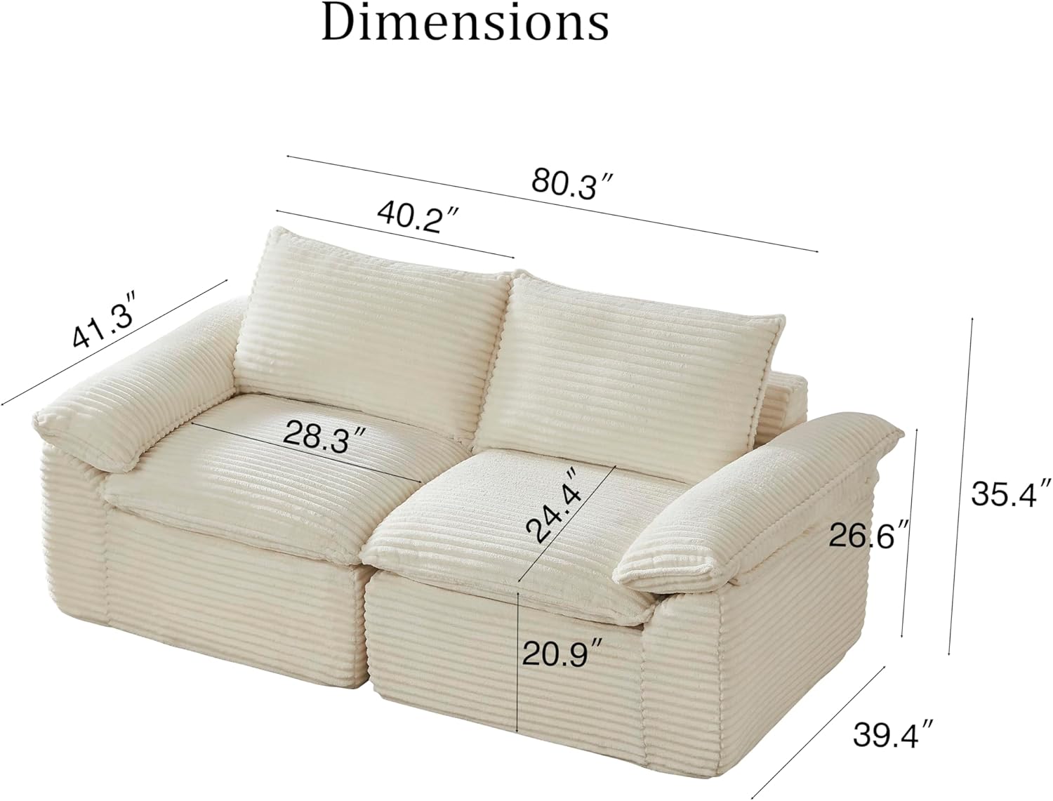 DEINPPA Modular Couch with Deep Seat, 2 Seat Cloud Sofa for Living Room Apartment, Corduroy Upholstered Comfy Couch-White
