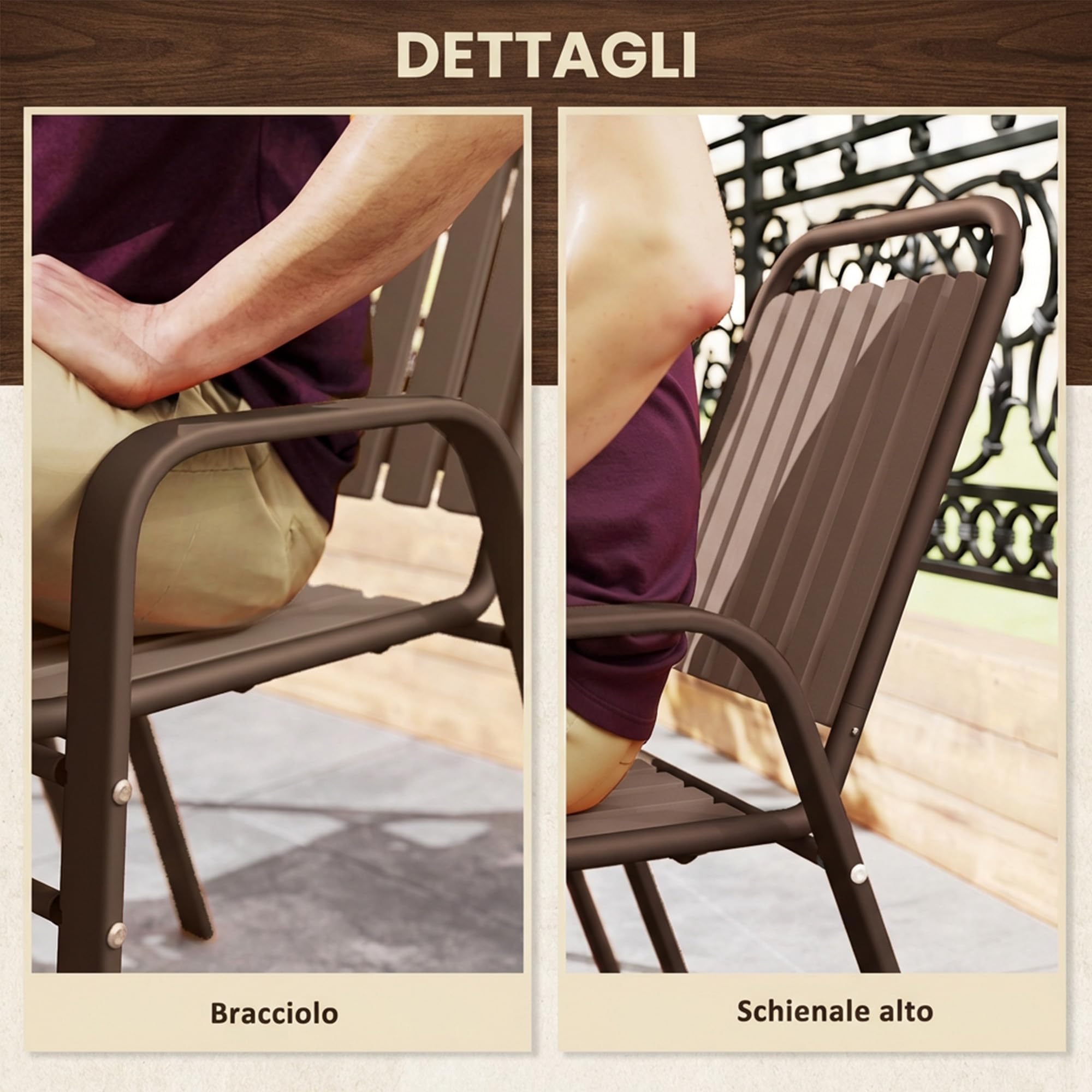 Outsunny Set 4 Sedie da Giardino Impilabili con Schienale Alto e Braccioli, Sedie da Esterno in Plastica PP e Acciaio, da Patio, Balcone, Terrazza, Esterno e Interno, 56x66x91 cm, Marrone Scuro