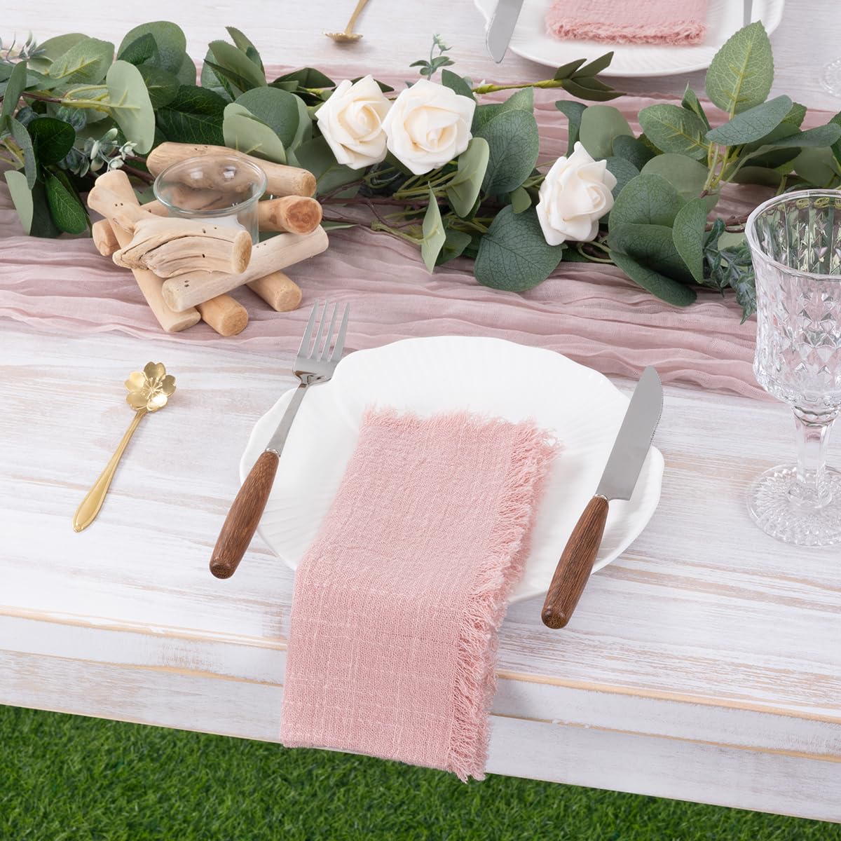Tovaglioli di Stoffa Tovaglioli di Garza Fatti a Mano con Frange Rosa Antico Confezione da 12 tovaglioli da Cena 18x18 cm per Feste di Matrimonio Uso Quotidiano