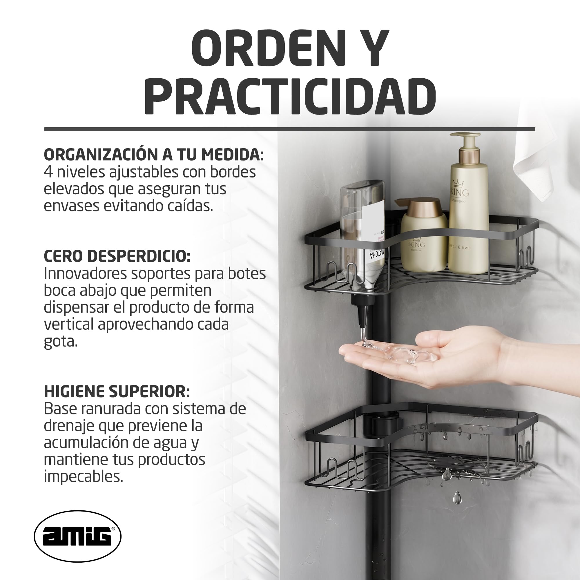 Amig - Estanteria Ducha Telescopica - Ajustable hasta 290cm - Color Negro