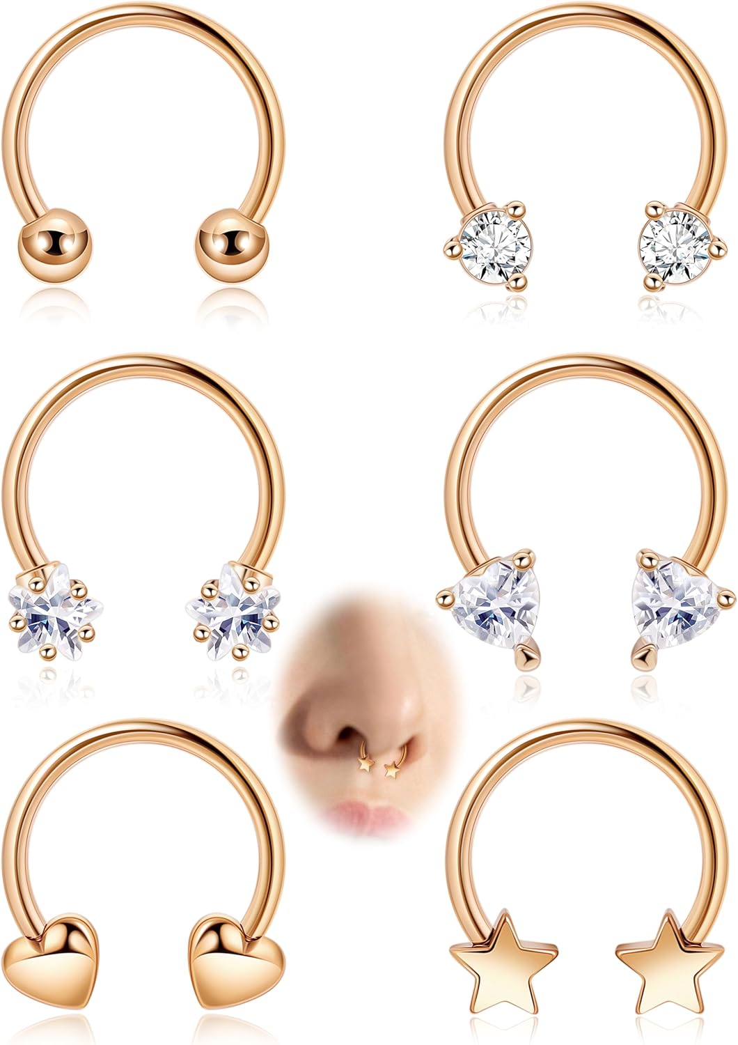 6Pcs 16G Surgical Steel Septum Rings for Women Men Horseshoe Septum Nose Rings CZ Cartilage Helix Earrings Hoop Star Heart Septum Piercing Jewelry 10mm