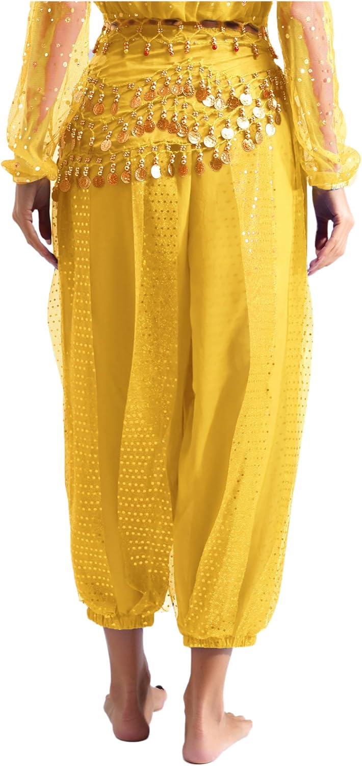 Linjinx Women's Belly Dance Costume Harem Pants Split Sequin Shiny Arabic Halloween Trousers
