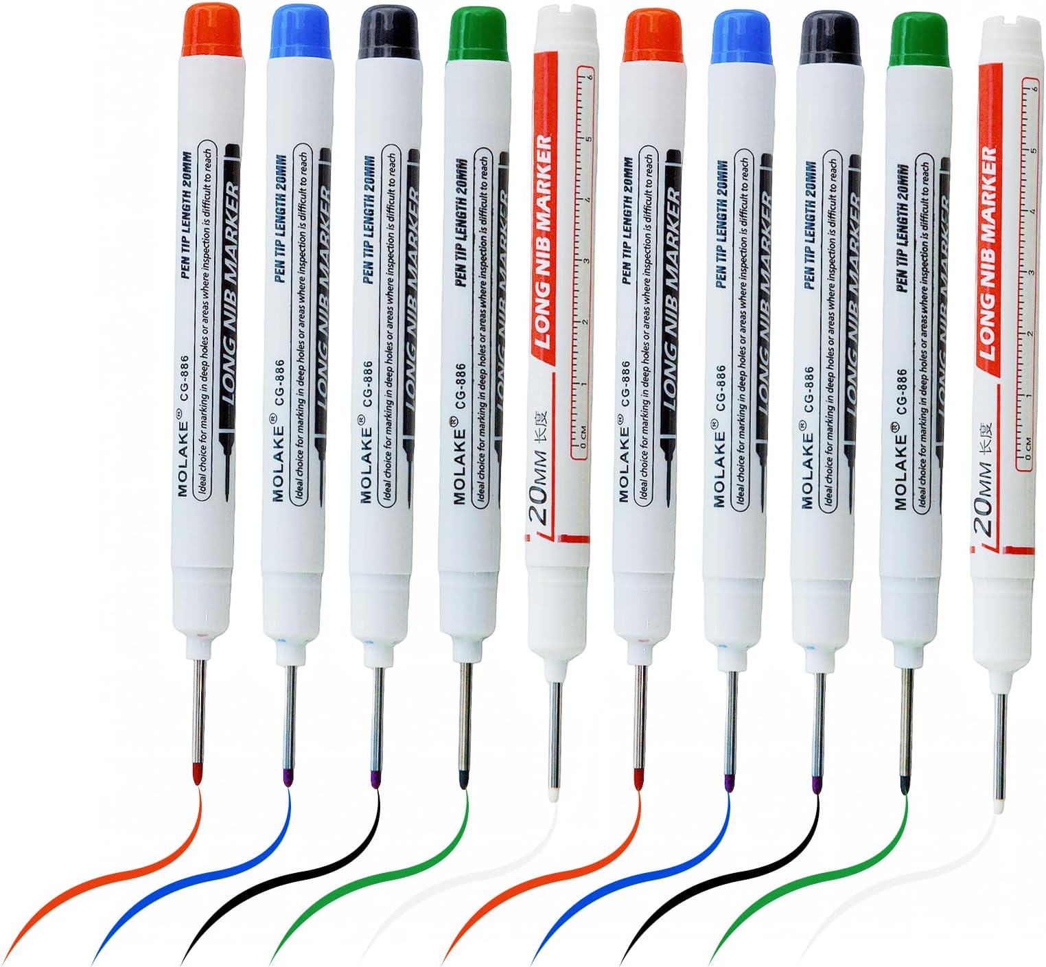 10 Pcs 20MM Long Head Deep Hole Marker Pens,Multi channel long pointed deep hole marking pen,Waterproof fast drying color building woodworking metal building marker pen