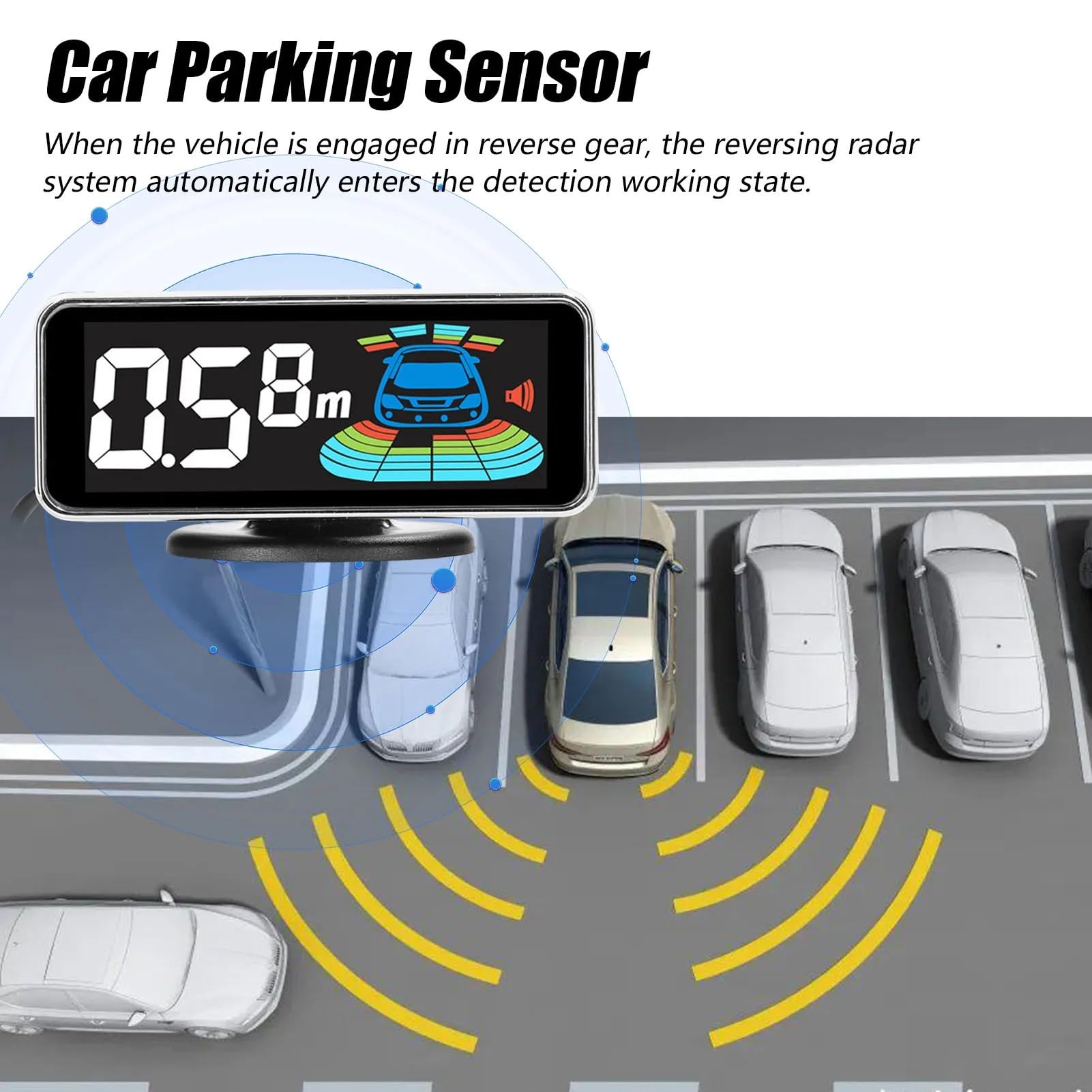 Sensor de Aparcamiento Sistema de radares Marcha atrás para Coche, sensores Aparcamiento, detección Distancia, Pantalla, zumbador Advertencia Sonido, 8/4 Uds(White 8pcs Probe)